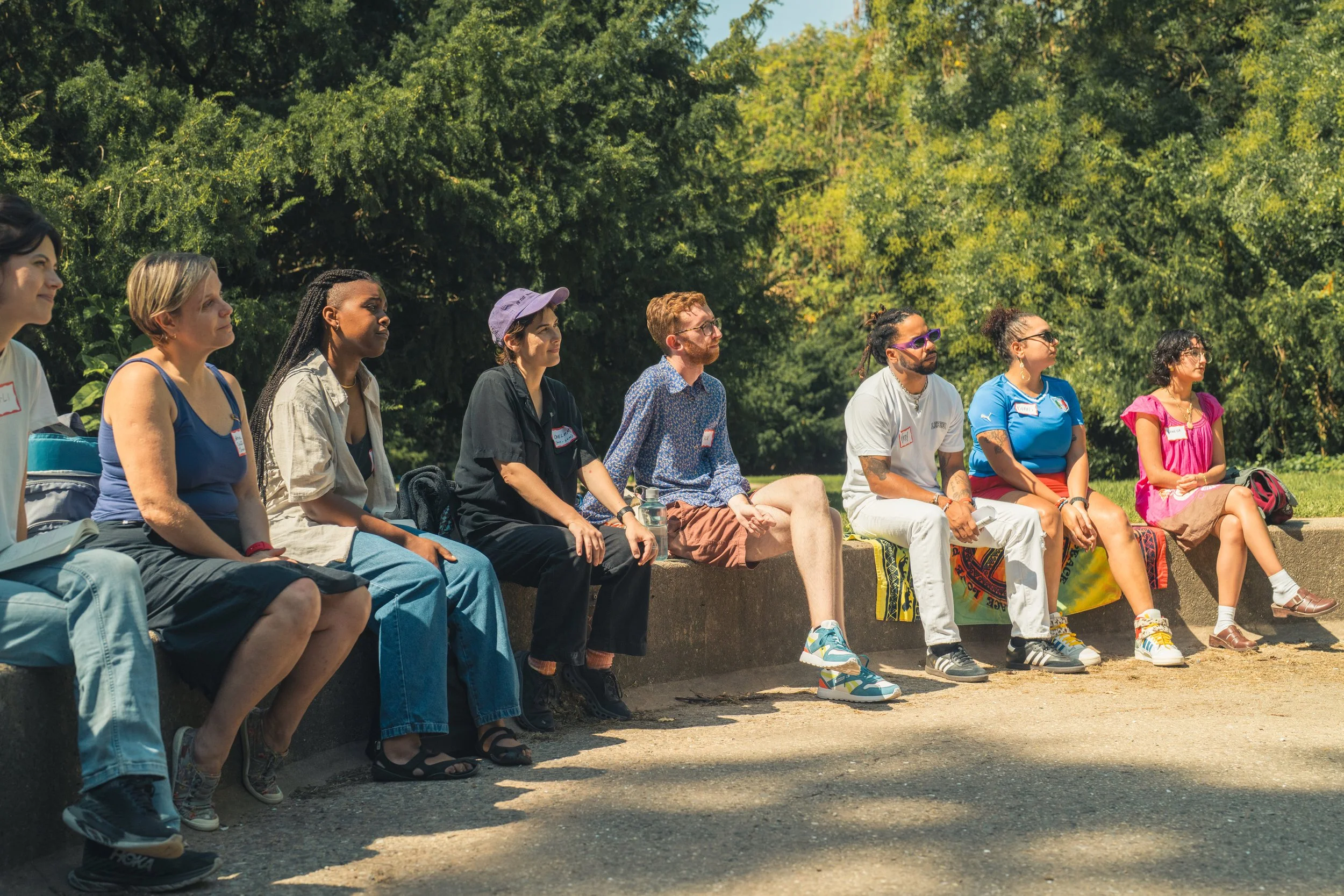 A group of diverse people sitting on a concrete ledge outdoors, attentively listening, with trees in the background.