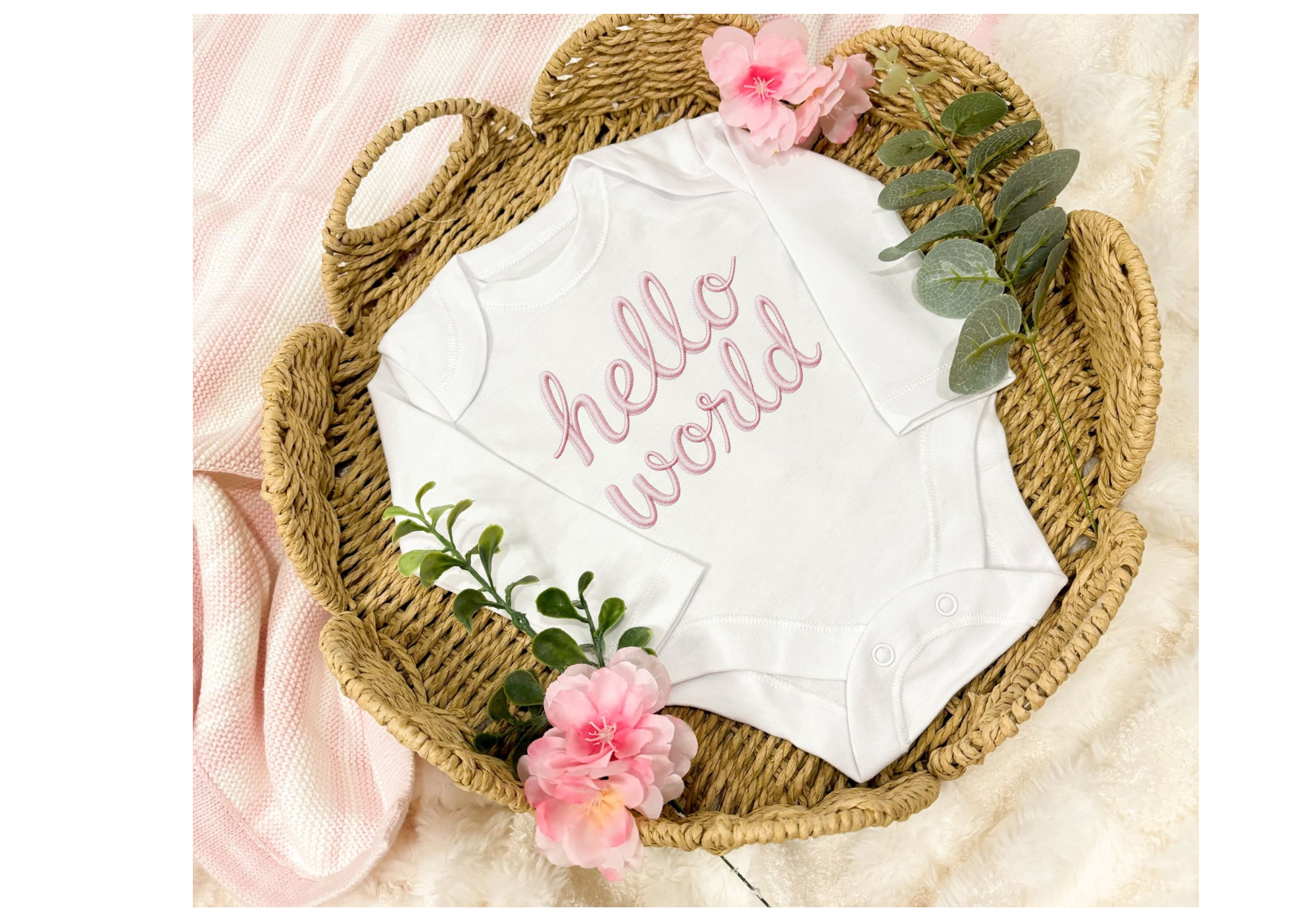 Personalised Baby Vest with Hello World Stitch Print Design, Come is A Range Of Colours