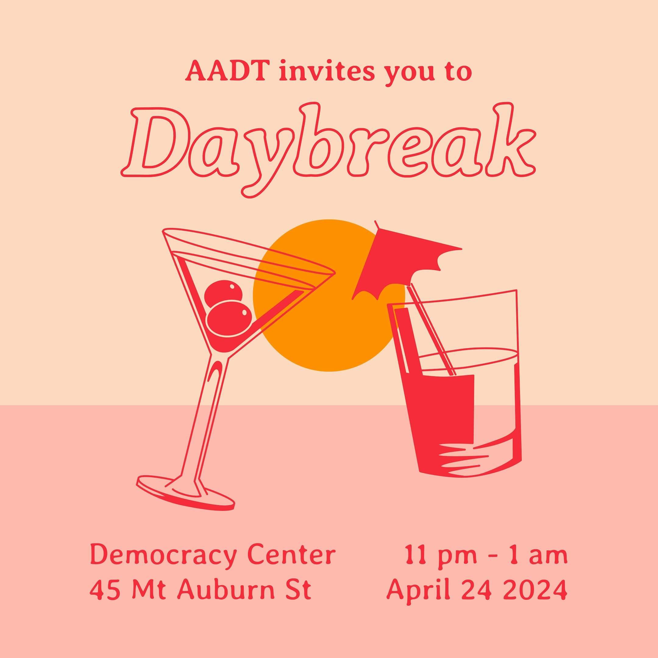 👀 You know what time it is 👀 

We aren&rsquo;t done just yet. With a legendary Eastbound show comes a legendary AADT end-of year PARTY 🤩 Our annual afterparty Daybreak is THIS WEDNESDAY, April 24th in the Democracy Center from 11PM - 1AM 🌅 Music 