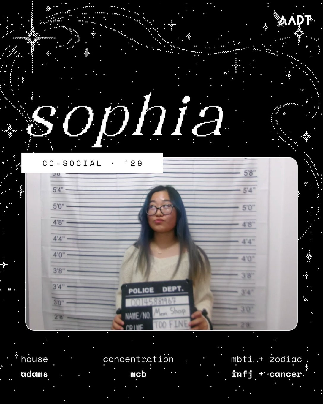 Say hellaur to Sophia &lsquo;29 (@sophia_shi76), your other Co-Social Chair this year!! Outside of planning FIREE 🔥AADT socials, you can find Sophia grinding psets until the wee hours of the morning 😢📚, bigbacking 😋, yapping for hours with friend