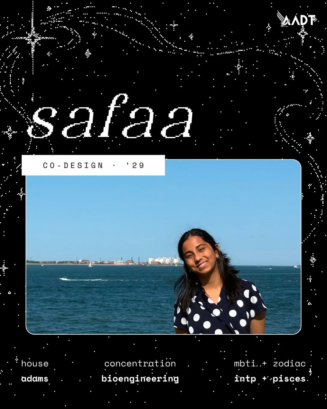 Meet Safaa &lsquo;29 (@71safaa), one of your Co-Design Chairs this year! If she&rsquo;s not on the Figma grind 👩&zwj;💻, she&rsquo;s either by the ocean 🌊, reading 📖, or in CAD jail 🤖!