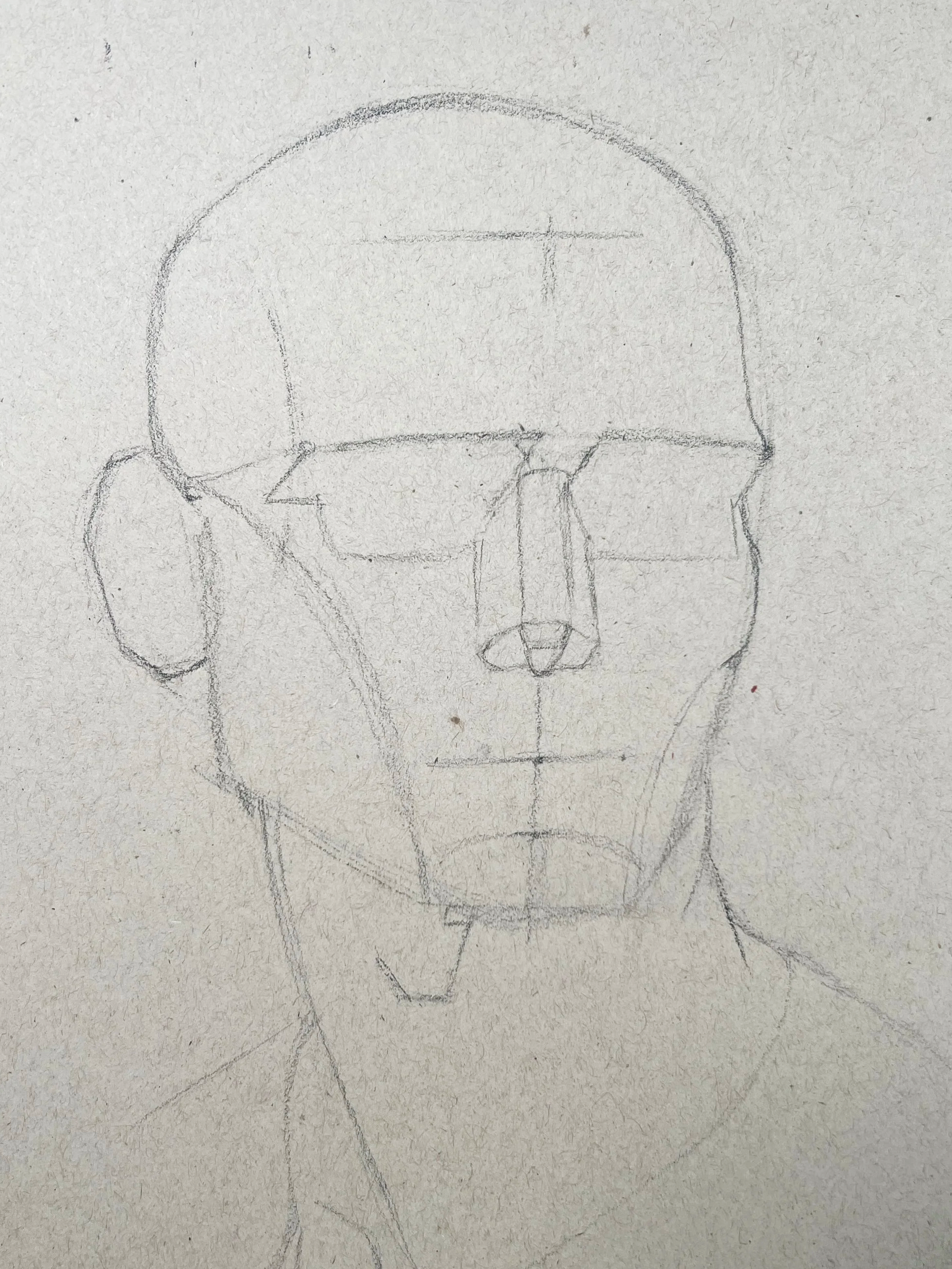 A rough pencil sketch of a human face, nose, and mouth, showing a front view with minimal details.