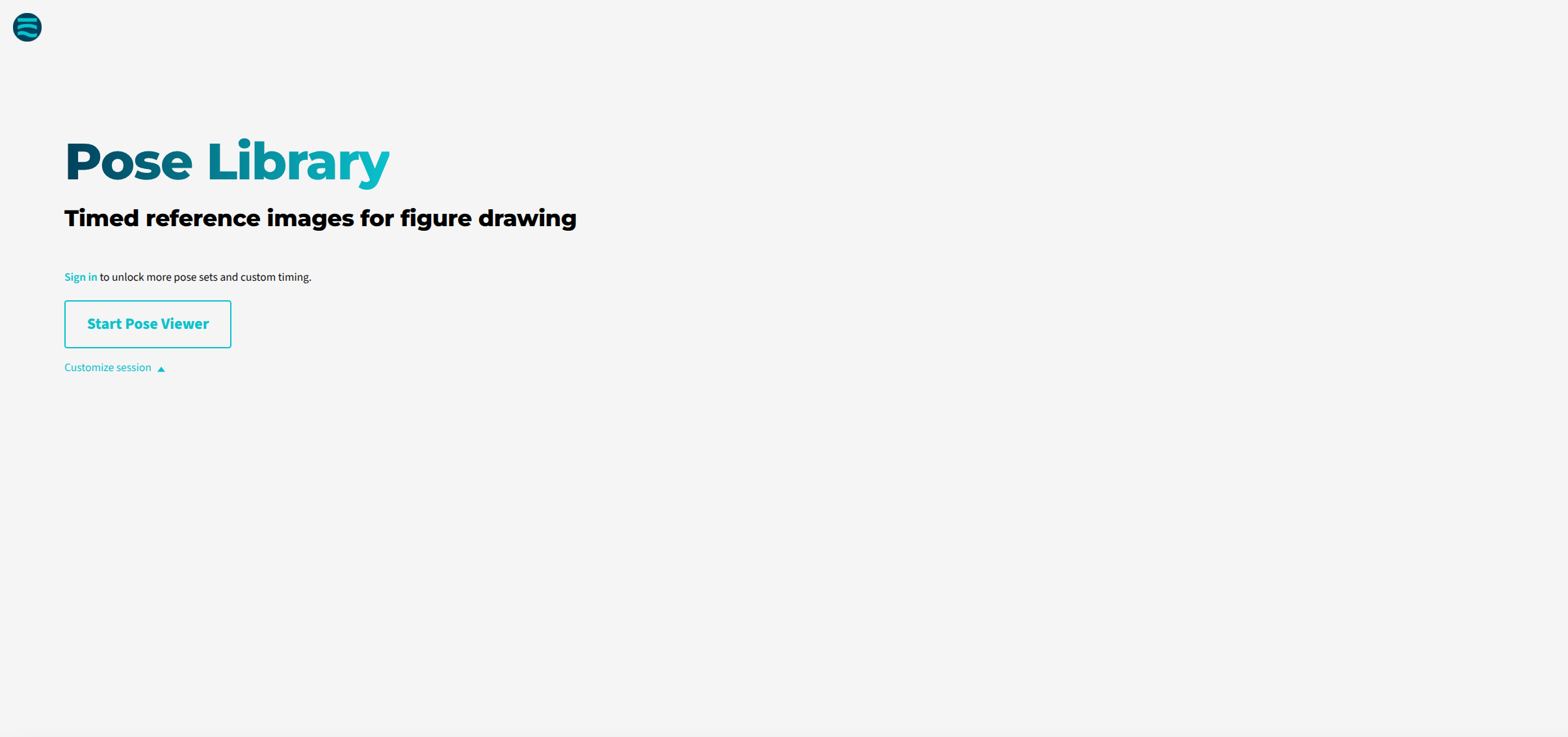 Screenshot of Pose Library webpage titled 'Pose Library' with the subtitle 'Timed reference images for figure drawing', featuring a 'Start Pose Viewer' button and options to sign in and customize session.
