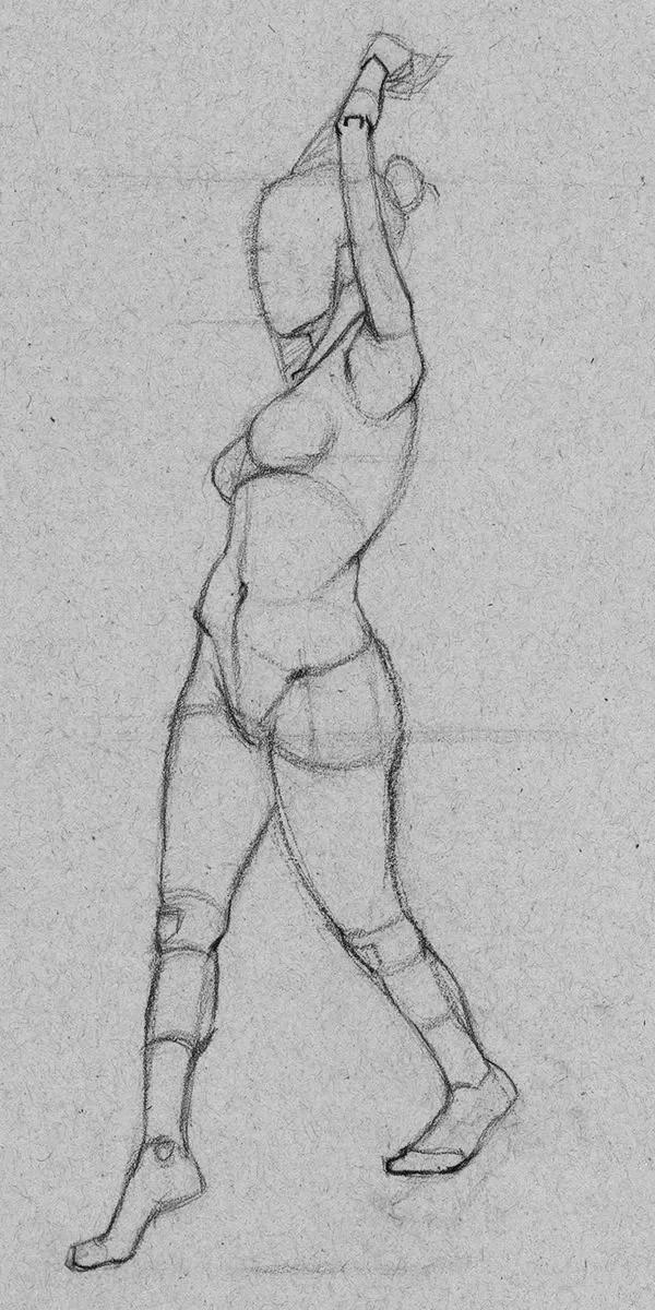 A sketch of a nude female figure with one arm raised above her head, drawn in a minimalist style on textured paper.