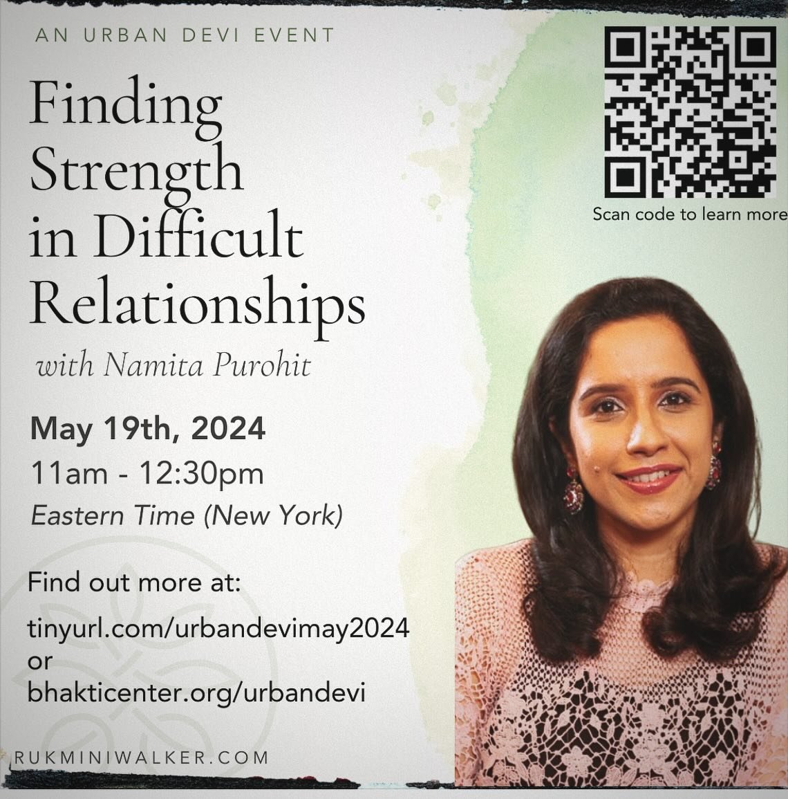 our next Urban Devi Sanga, women&rsquo;s discussion group, will be Sunday, May 19th from 11am to 12:30pm EST. To register for the event, please visit:  http://tinyurl.com/urbandevimay2024
Namita Purohit will be speaking on the topic, &ldquo;Finding S
