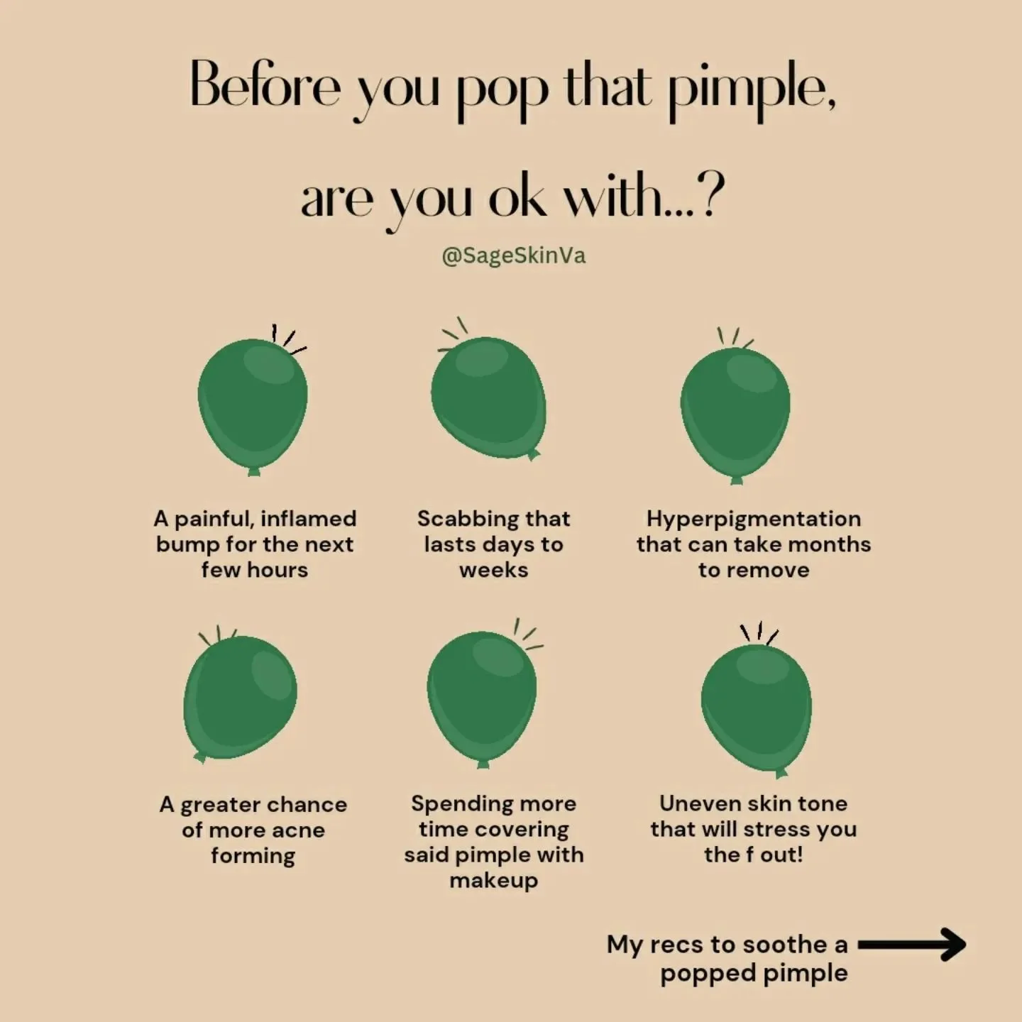 Feel the urge to pop that pimple? 🛑 Take a deep breath first.  The first pop satisfaction mean seem appealing but the aftermath can weight heavily on your skin. 

Dealing with painful inflammation, noticeable scabs or stubborn dark spots can add unn
