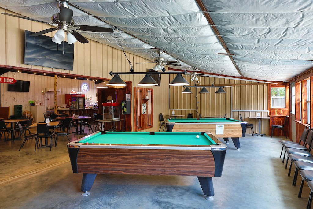 Pool tables inside full service restaurant at Shady Oaks RV Resort in Sawyer, OK