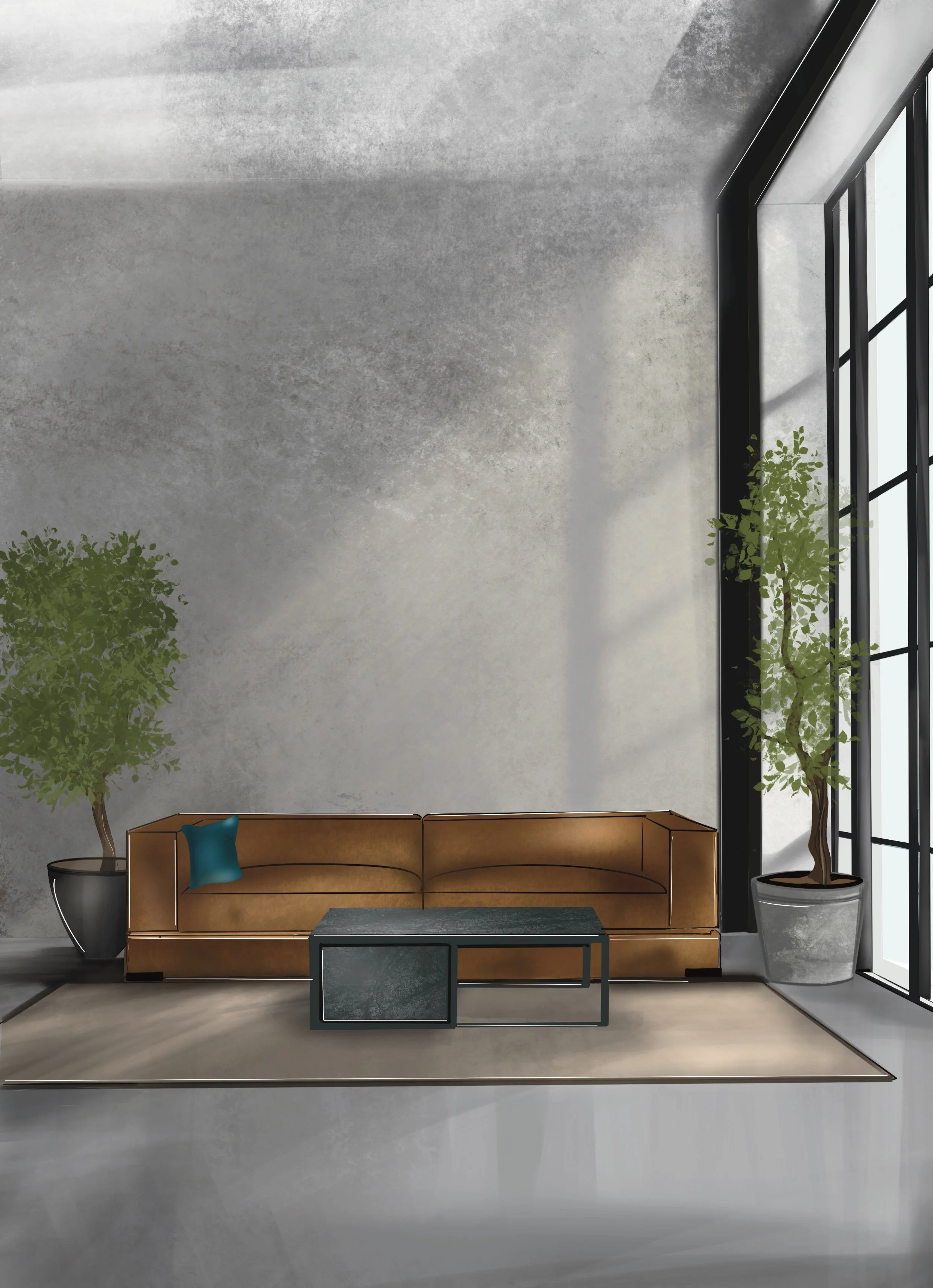 Hand-drawn artistic render for a Studio Property & Object project: connecting indoors and outdoors, from landscape to interior