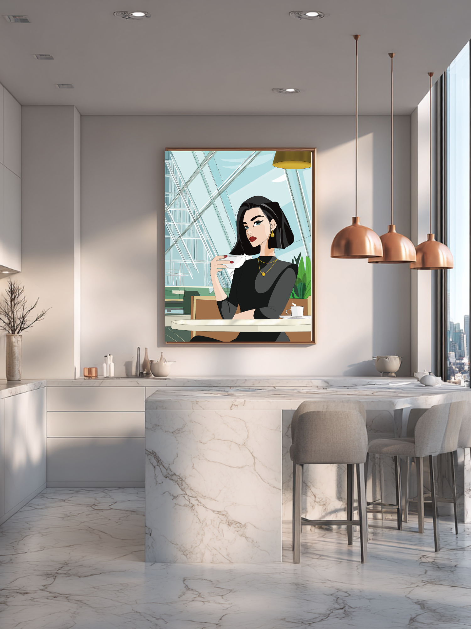 Coffee drinking architecture interior poster