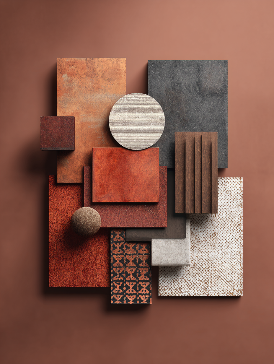 Curated material moodboard for a luxury interior, part of Studio Property & Object's biophilic design philosophy on the homepage