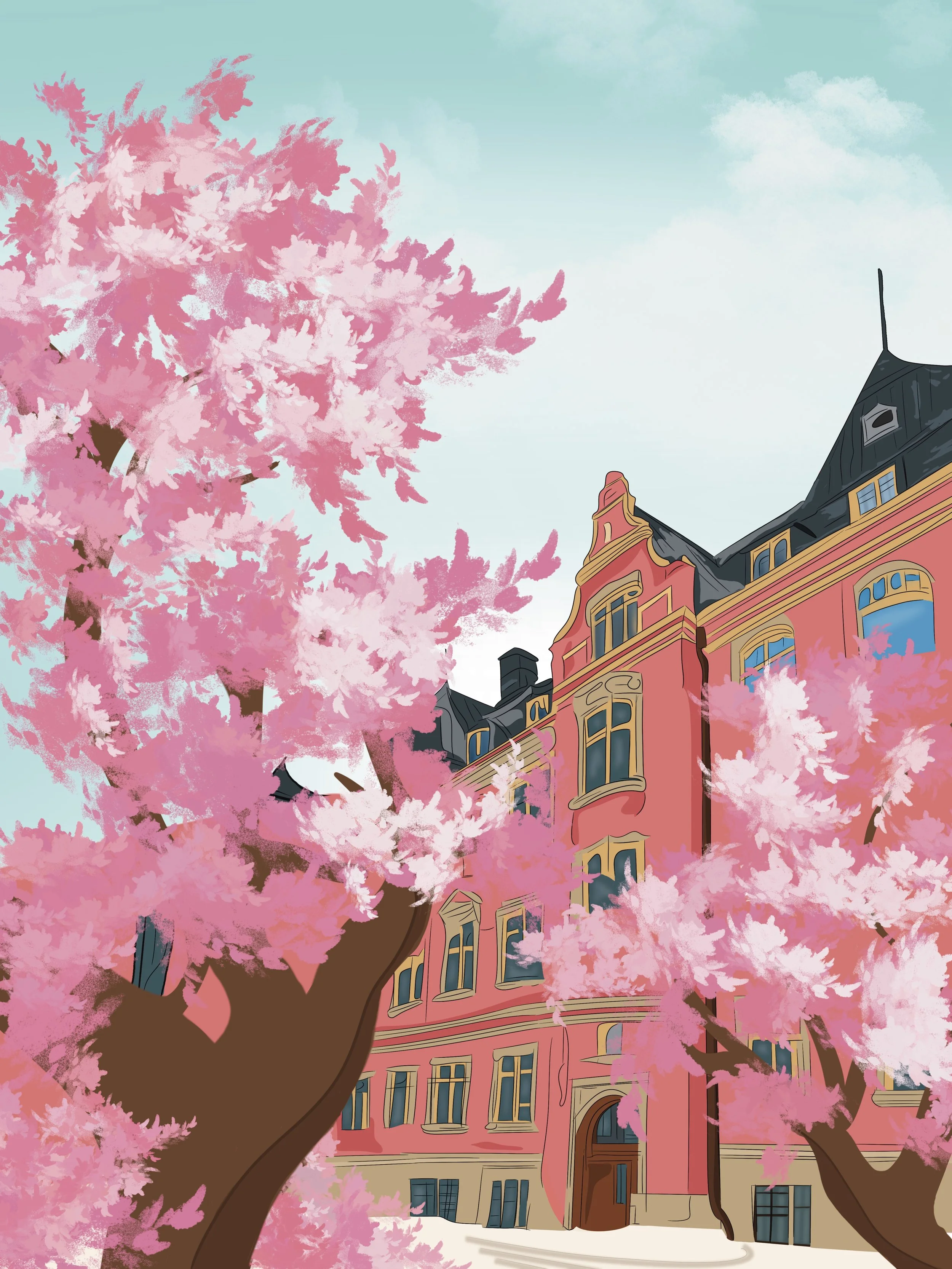 A digital tribute to the Swedish capital’s iconic spring season. Bold architectural silhouettes meet the delicate spray of körsbärsblommor under a crisp Nordic sky.