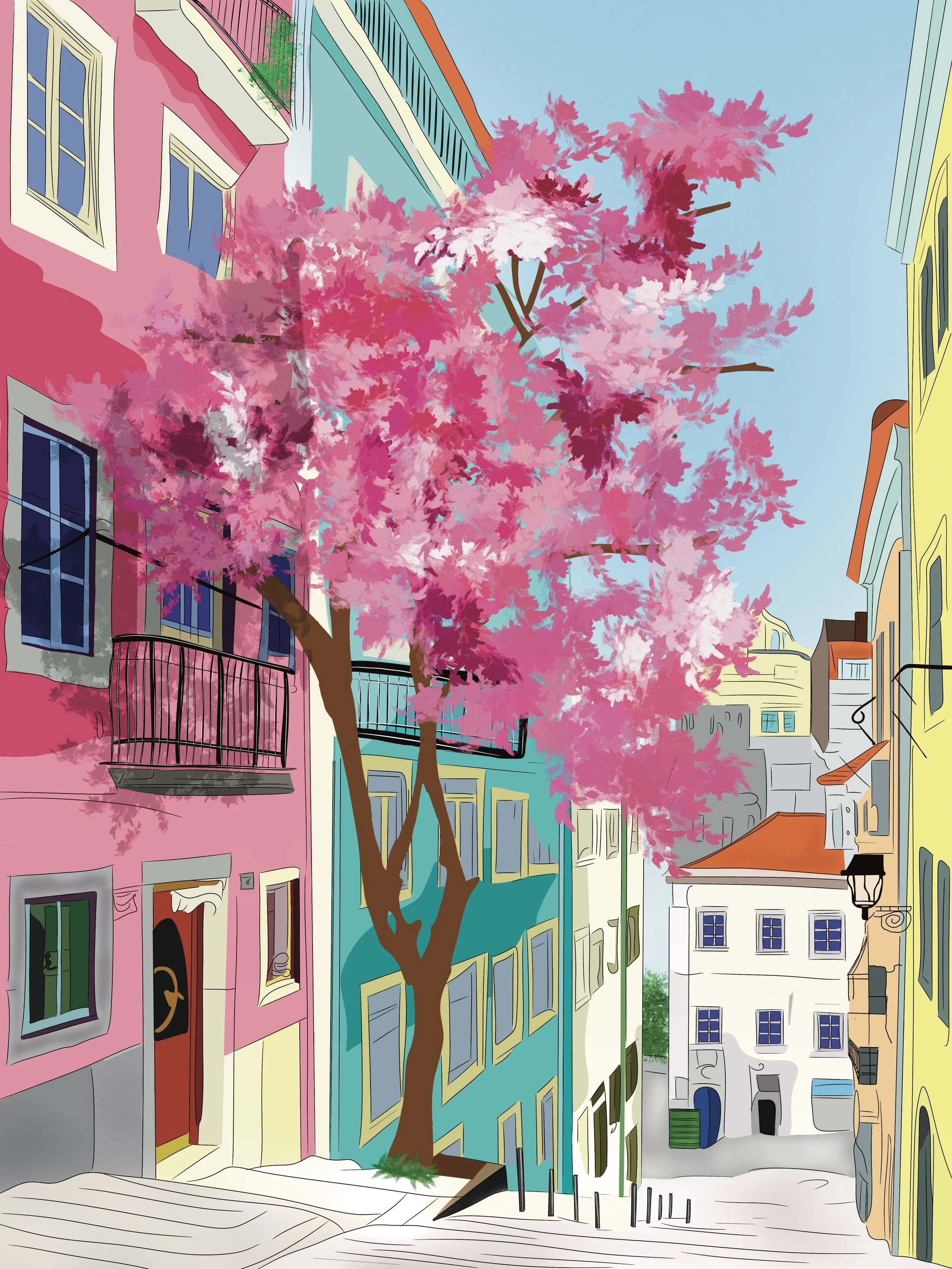 Lisbon is a city defined by its verticality and its light. This illustration captures a quiet moment in a steep alleyway, where the traditional azulejo-inspired colors—pink, teal, and yellow—compete for attention with the brilliant bloom of a Judas t