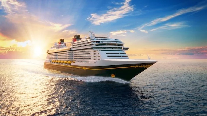 Artwork of a Disney Cruise Line ship on the open ocean