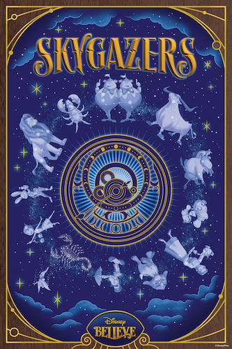 Disney Believe Skygazers lounge artwork poster blue with Disney zodiac