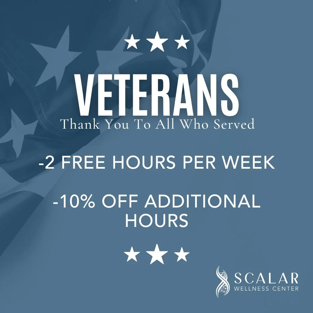🇺🇸 A Special Thank You to Our Veterans 🇺🇸

At Scalar Wellness Center, we&rsquo;re honored to support those who&rsquo;ve served. As a small token of appreciation, all veterans receive 2 free hours per week and 10% off any additional hours.

Becaus