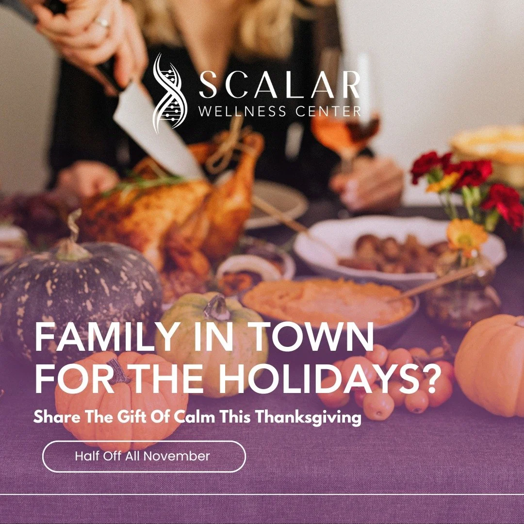 Family visiting for the holidays? 🍂 

Treat them &mdash; and yourself &mdash; to deep relaxation at Scalar Wellness Center in Idaho Falls.

Enjoy Half Off All November and give your loved ones the gift of calm.

Who would you bring to unwind with yo