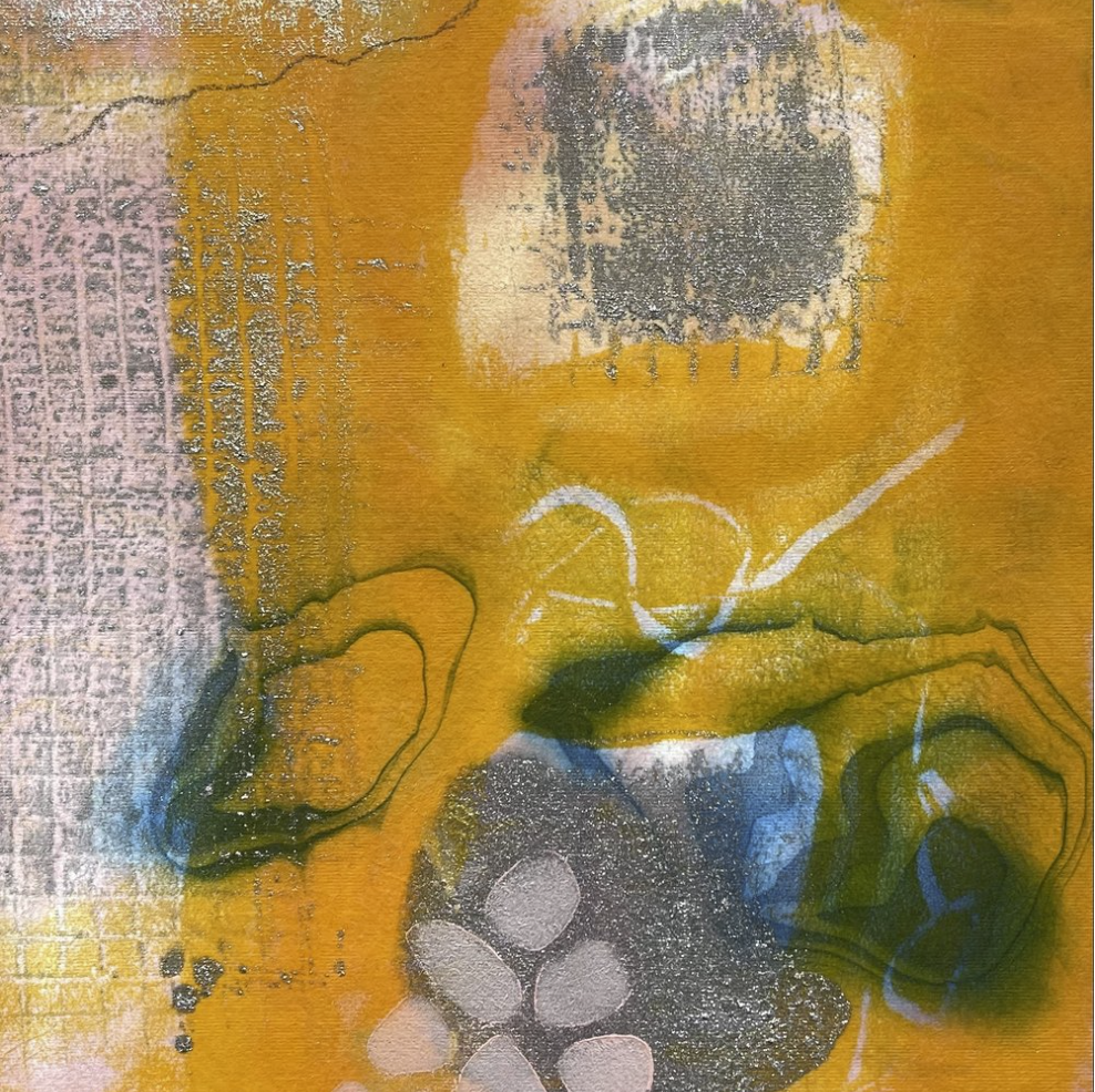FLUXUS 5, 2021, Suminagashi print, encaustic, pigment sticks on encaustiflex on cradled panel, 10x8 inches. Private Collection, Rockland, ME.