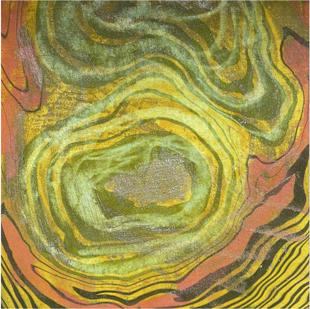 FLUXUS 6, 2021, Suminagashi print, encaustic, pigment sticks on encaustiflex on cradled panel, 10x8 inches. Private Collection Rockland, ME.