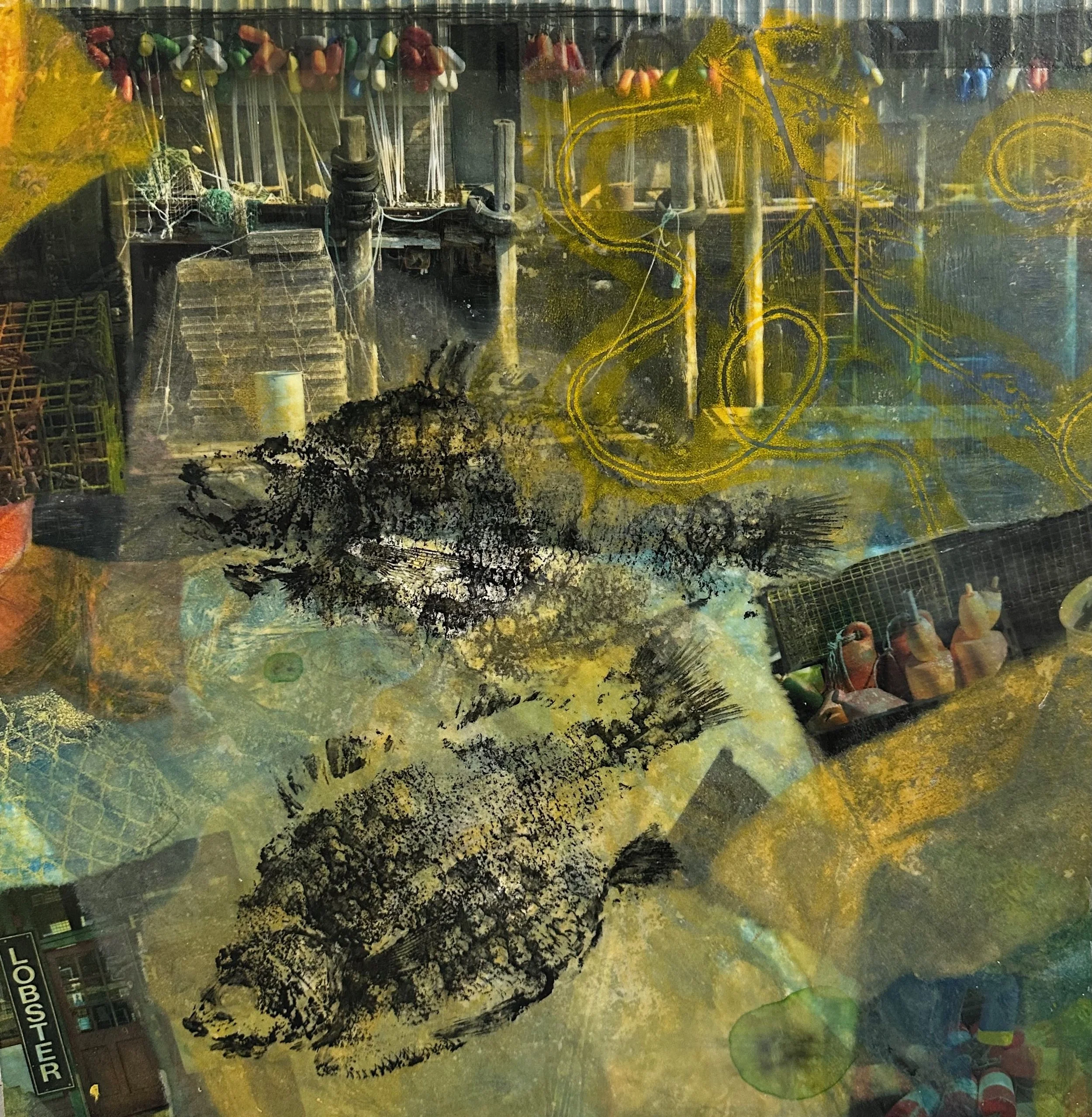 HOMAGE TO CUSTOM HOUSE WHARF, 2026, monotypes & mixed media collaged w/ encaustic medium on panel, 16x16 inches.
