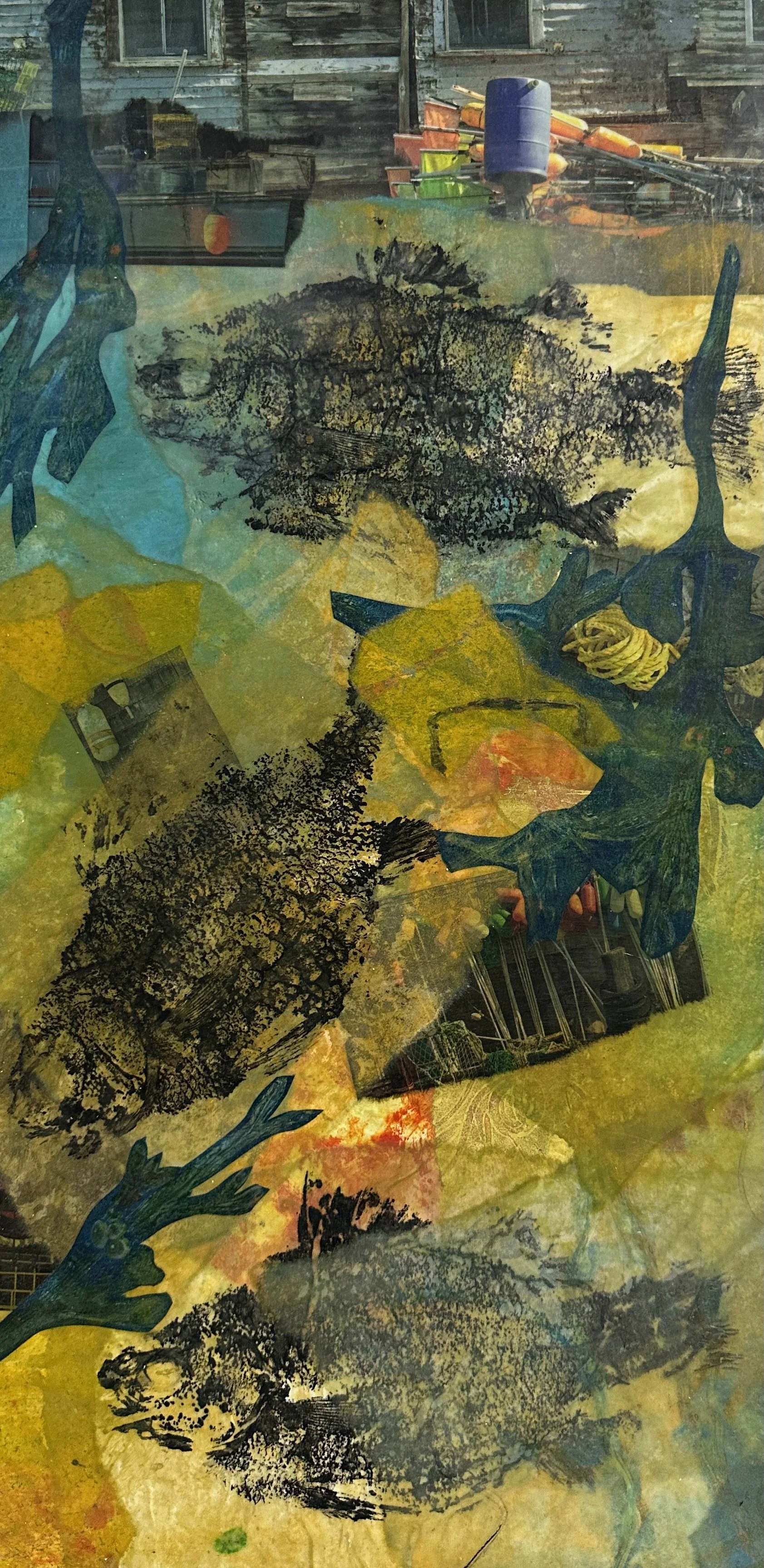 ON THE WHARF, 2026, monotypes & mixed media collaged w/ encaustic medium on panel, 24x12 inches.