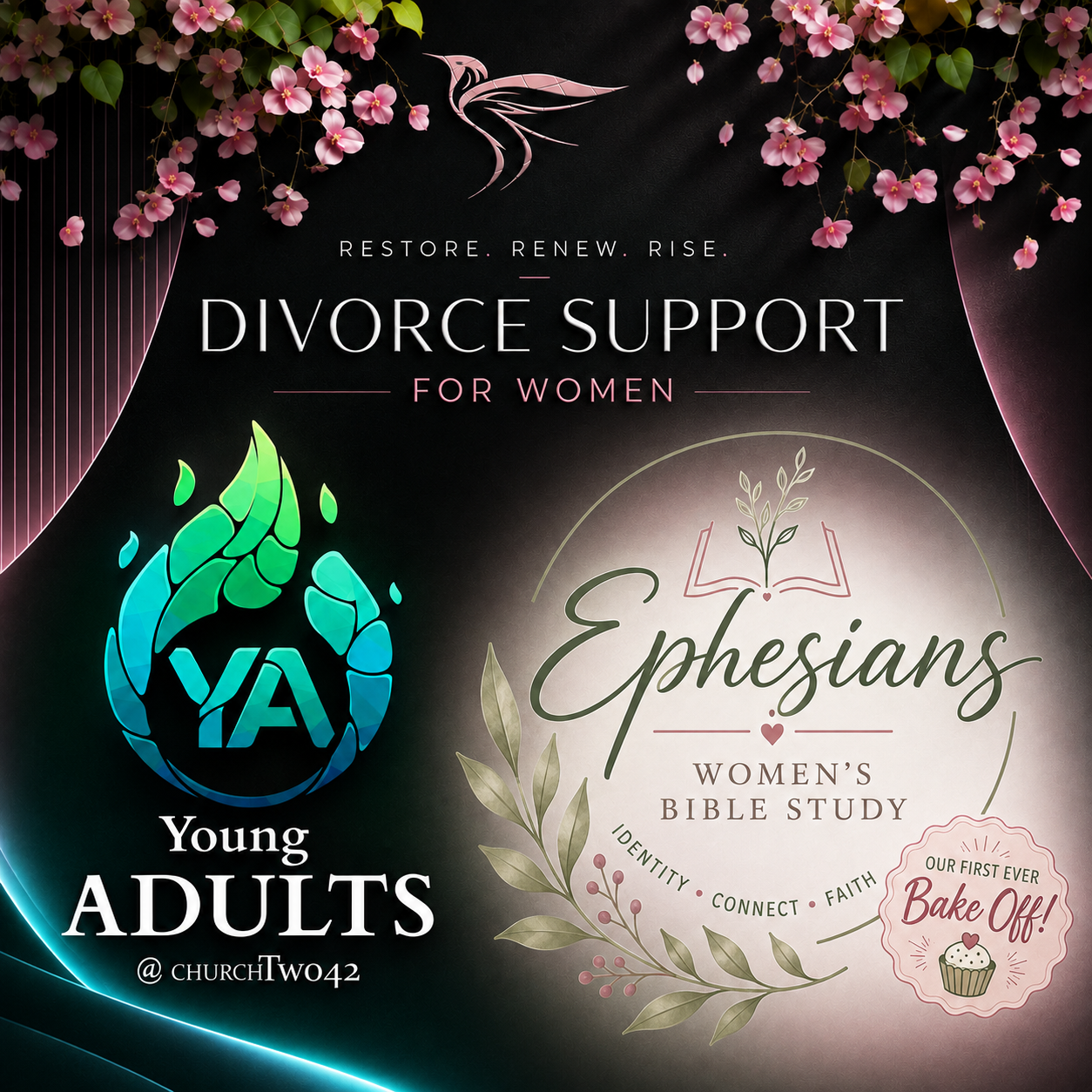 WOMEN’S Bible Study (On Campus); DIVORCE CARE (On Campus); Young ADULT Gathering (Off Campus)