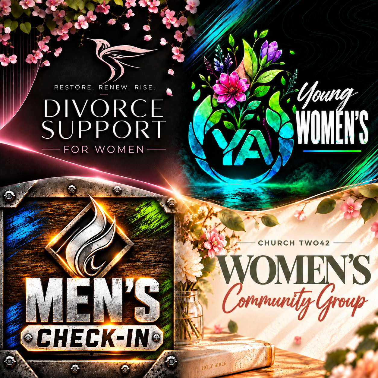 MEN’S CHECK-IN; DIVORCE CARE &amp; YOUNG WOMEN’S (off campus); WOMEN’S COMMUNIUTY GROUP