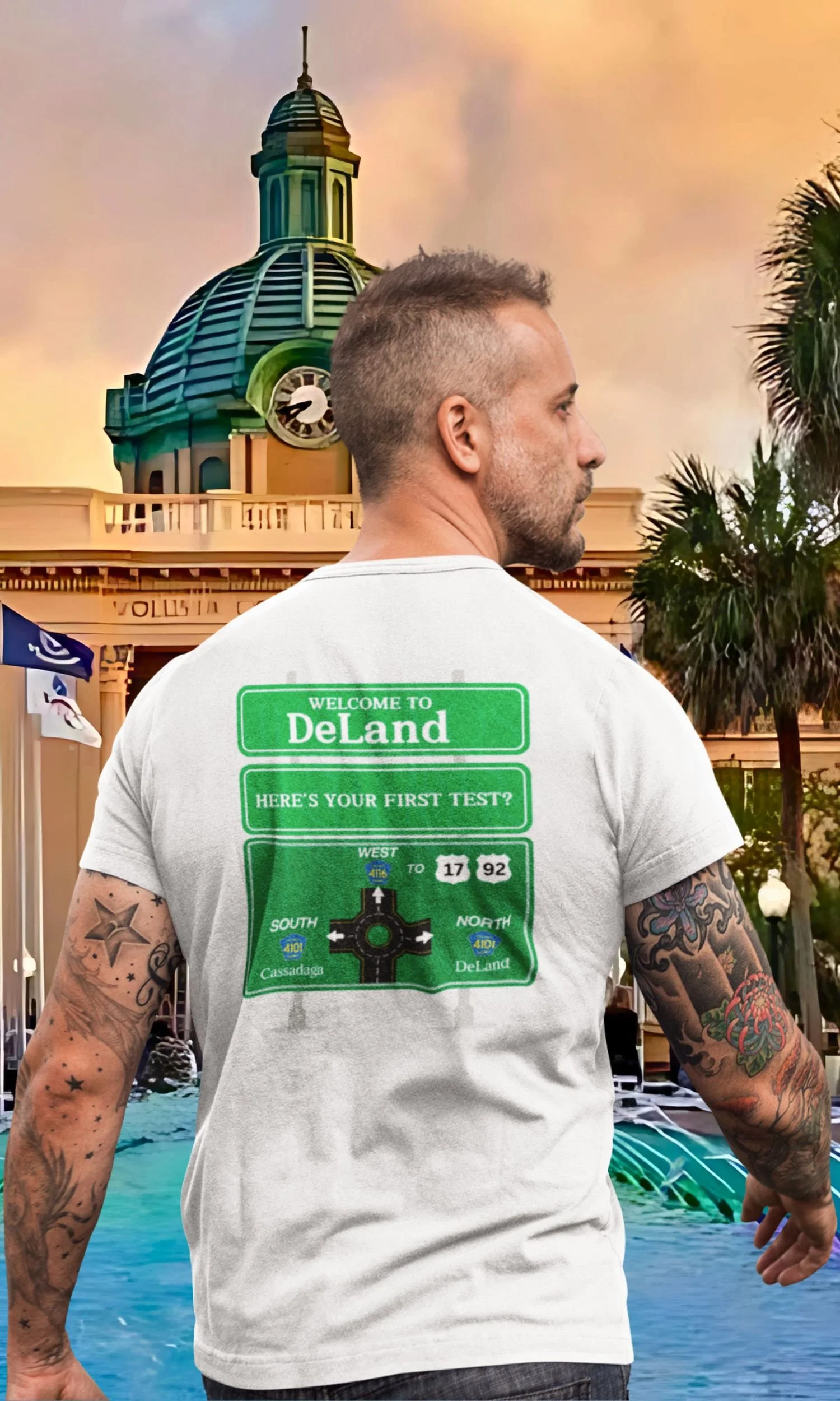 DeLand Florida Shirt, Florida Tee, Welcome to DeLand, DeLand Roundabout Shirt, Florida Apparel, Unique Florida T-Shirt, Made in USA, Small Business, DeLand Clothing, Front and Back Print