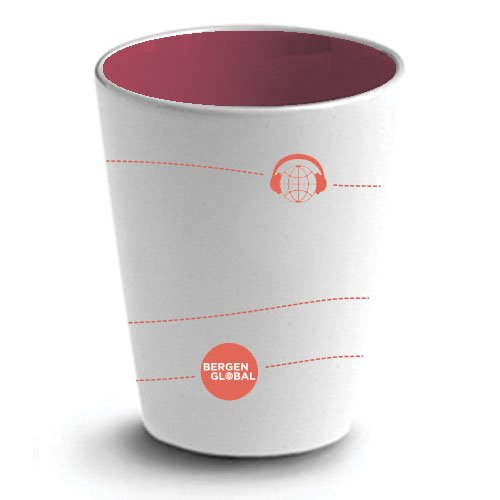 Bergen Global – a coffee mug with design elements for their podcast and breakfast forums.