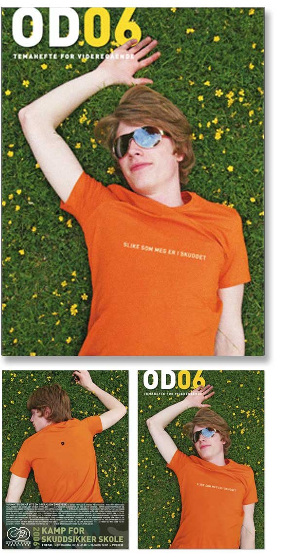 Operasjon Dagsverk campaign. The text "People like me are in the spotlight" was printed on the front of the T-shirt, with a bullet hole on the back. This design was printed on T-shirts worn by students during the campaign and also featured as the cov