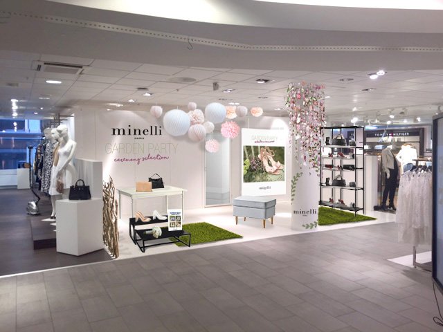 Set up of pop up shop at Steen & Strøm Magasin, Minelli shoes "Garden party" theme.