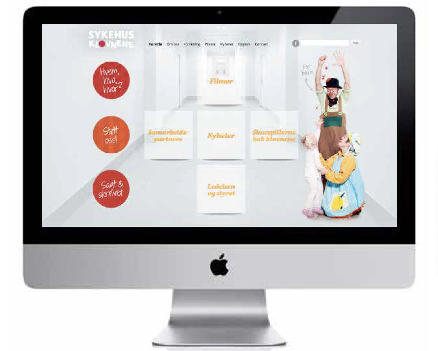Webdesign for www.sykehusklovnene.no. Idea with the colourful clowns showing up in the long white sterile hallway at the hospital. The main button menu is shaped as the medical cross.