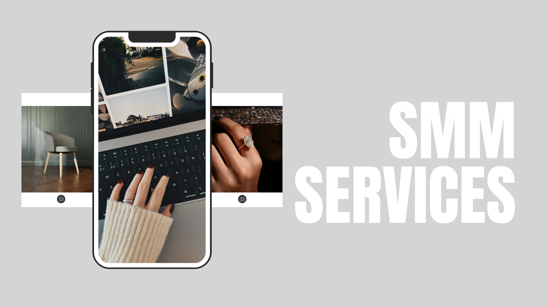 Graphic featuring a smartphone and images of interior design, jewelry, and social media, with the text 'SMM SERVICES' on a gray background.