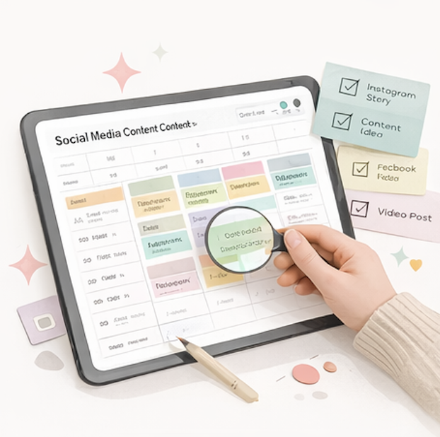 Person holding a magnifying glass over a tablet with a social media content schedule, colorful sticky notes on the side, and a pen on the desk.