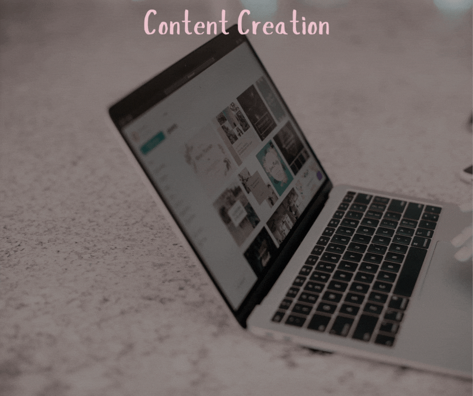 Open laptop on a textured surface with the words 'Content Creation' written in pink above it.
