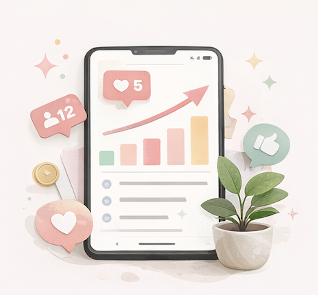 Smartphone displaying increasing social media engagement with a rising graph, surrounded by icons of likes, followers, and comments, with a potted plant nearby.