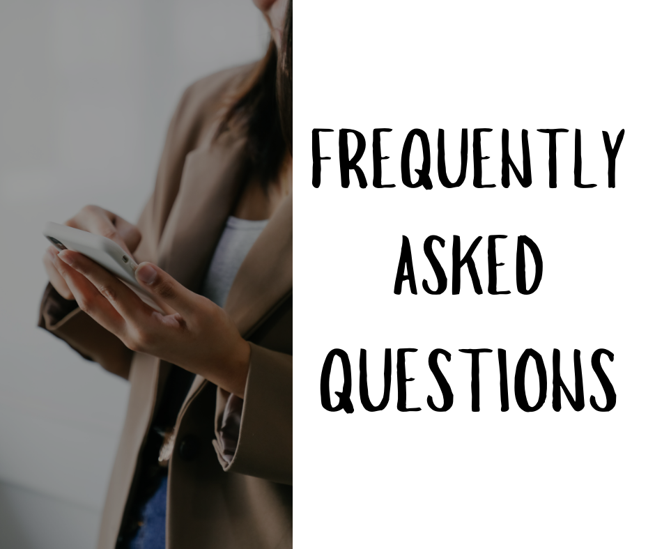 A woman in a tan blazer looking at her smartphone with a white background and bold text that reads 'Frequently Asked Questions'.