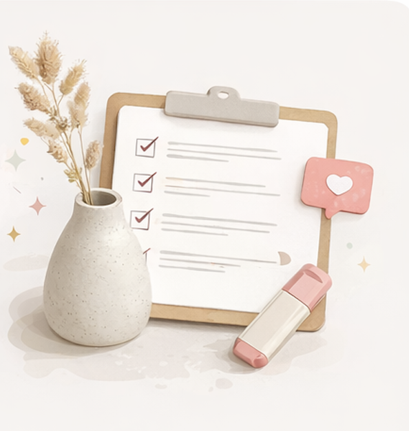 A clipboard with a checklist, a vase with dried flowers, and a pink stamp on a white surface.