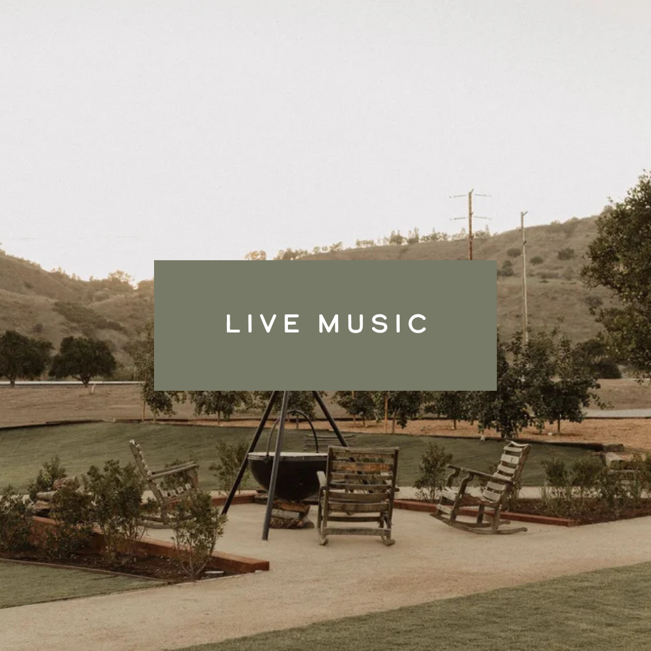 THE SWANNER HOUSE YARD WITH A LARGE BON FIRE AND ROCKING CHAIRS WITH TEXT SAYING "LIVE MUSIC"