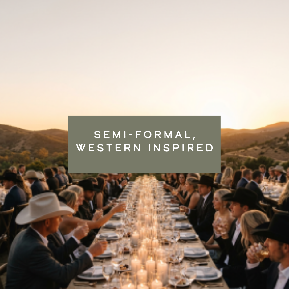 MEN AND WOMEN GATHERED AT A TABLE UNDER SUNSET WITH THE BANNER SAYING "SEMI FORMAL WESTERN INSPIRED"