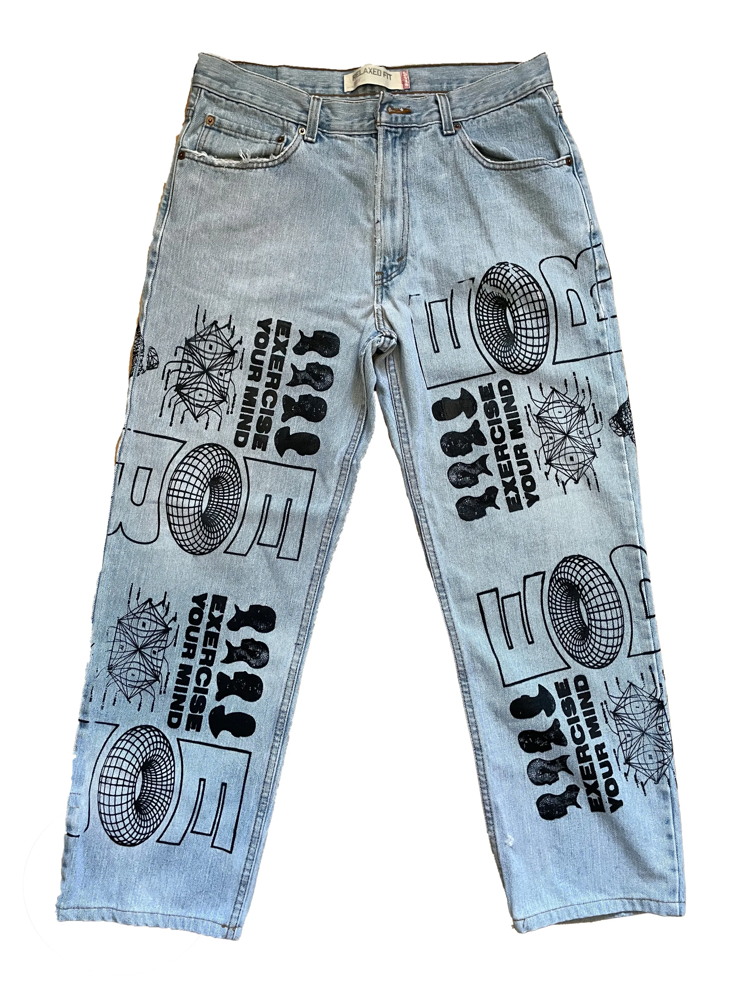 Exercise your mind all over print jeans