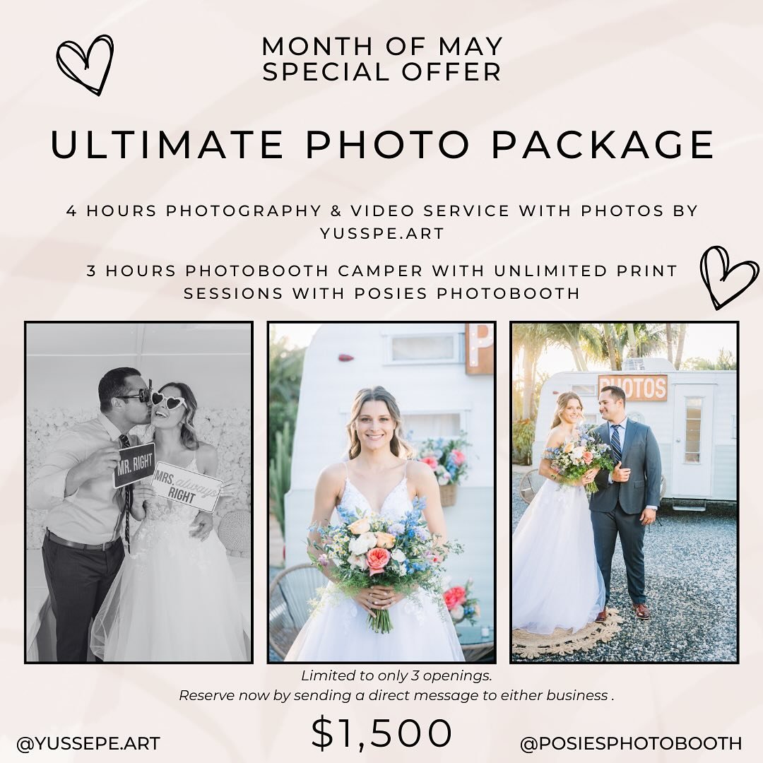 Are you ready for the Ultimate Photo Package?✨

Posies Photobooth and @yussepe.art have teamed up together to provide the first 3 clients to book with this amazing promotion! 📸

What you get:
4 hours photography &amp; videography with @yussepe.art 
