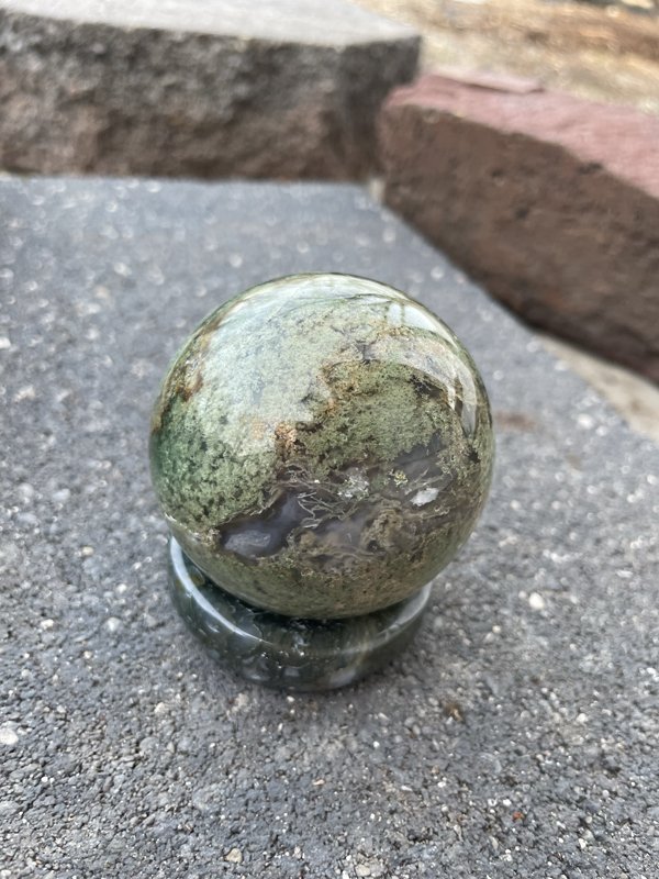 Moss Agate Sphere and Holder - 2 inches