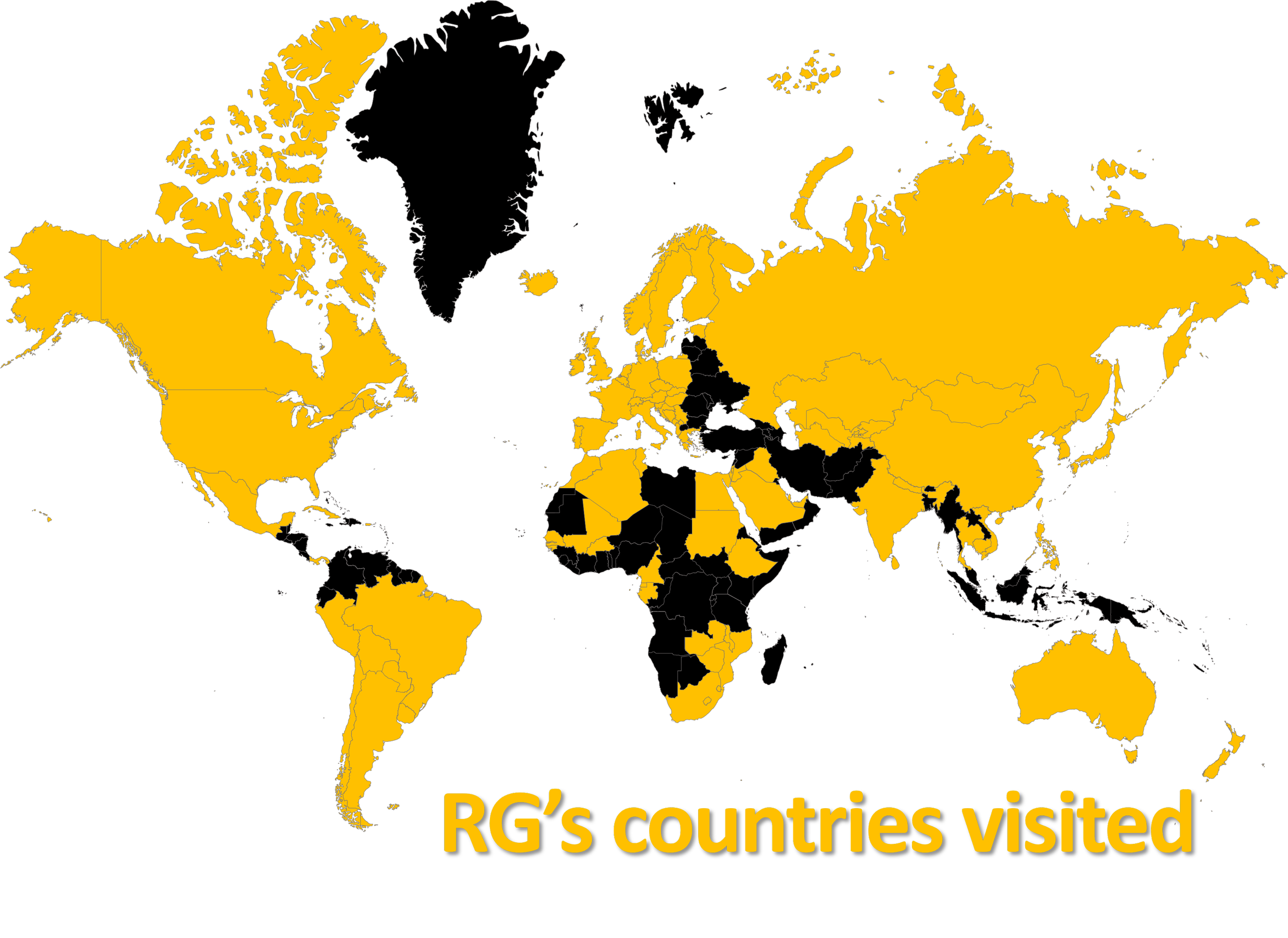 World map highlighting countries in yellow where RG has visited, with the title 'RG's countries visited' at the bottom.