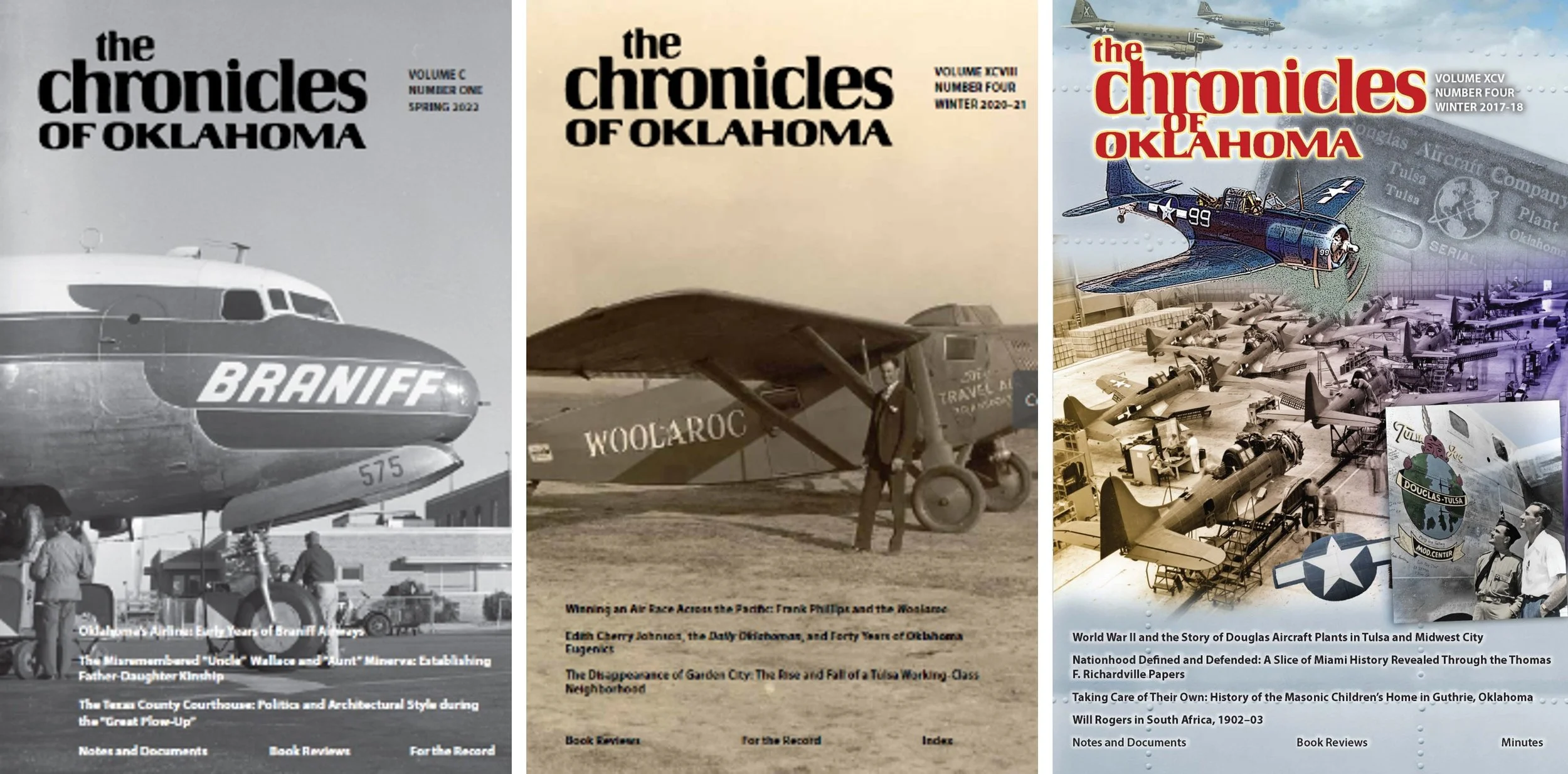 Three covers of 'The Chronicles of Oklahoma' magazine, featuring historical photographs and illustrations related to Oklahoma. The first cover shows a vintage airplane with the word 'Braniff' on it, the second cover shows a vintage helicopter labeled 'Woolaroc' with a man standing beside it, and the third cover features various military aircraft and World War II history images.