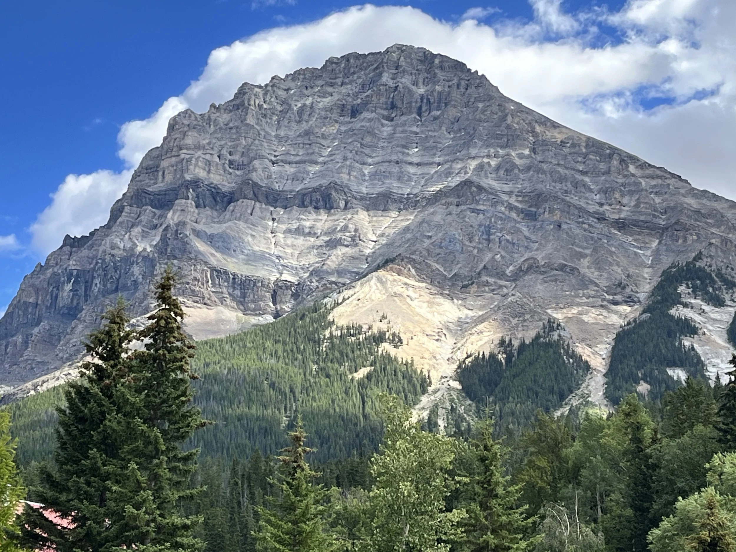 A large mountain with a rocky and rugged peak, surrounded by green pine trees and partly cloudy blue sky.