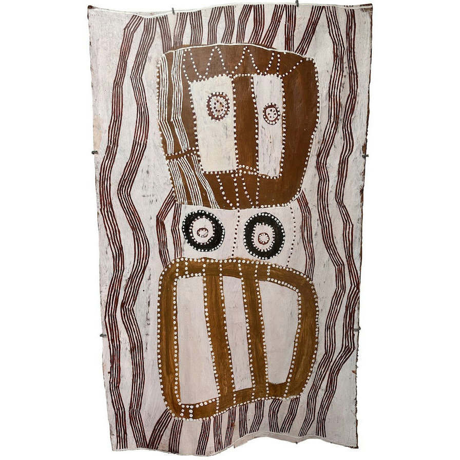 Artist: Nongirrna Marawili | Title: Baratjala | Year: 2018 | Medium: natural earth pigments on bark | Dimensions: 132 x 80 cm