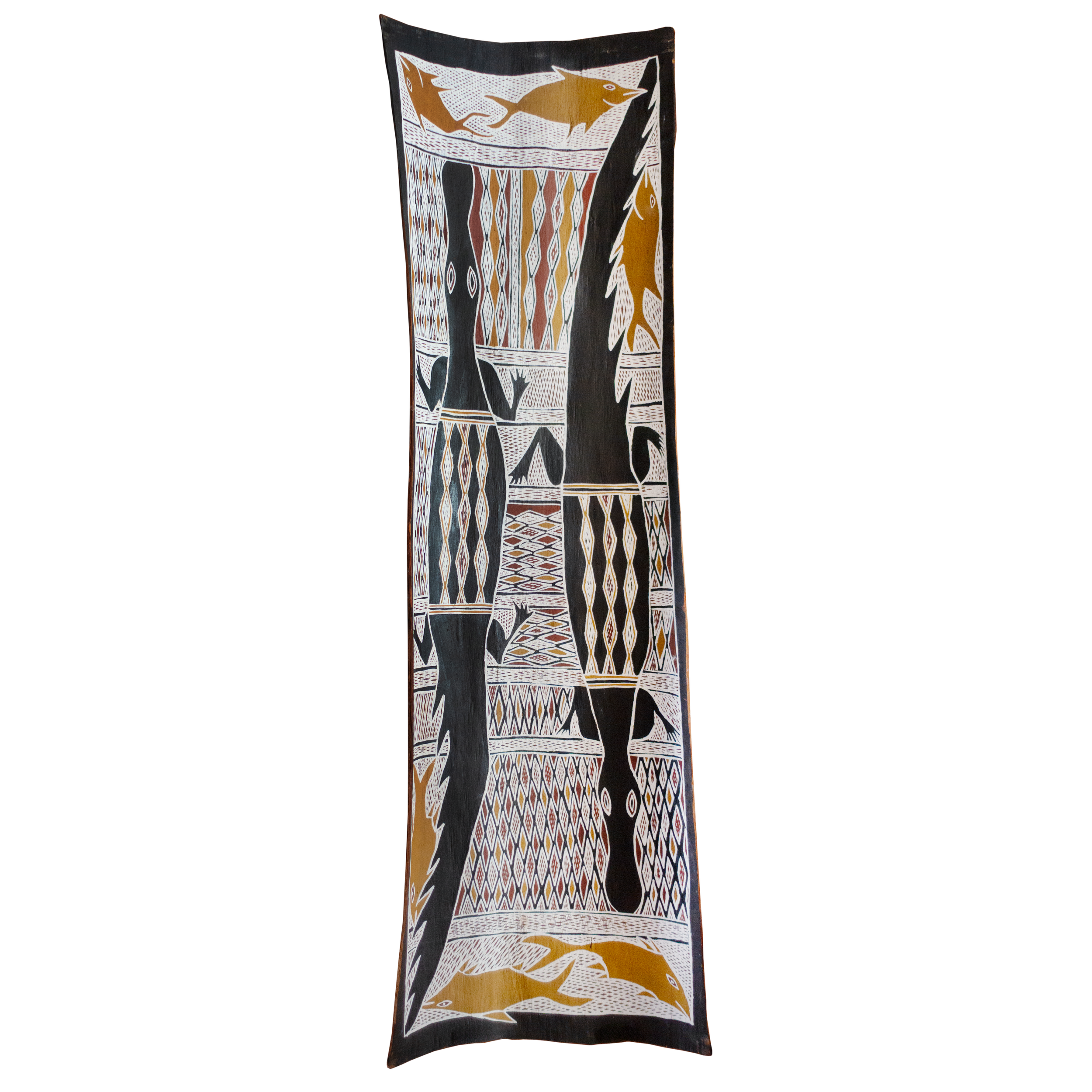 Lot 19
Yalpi Yunupingu (1961 -)
Baru at Nalarrwuy, 1995
natural earth pigments on bark
122 x 38 cm