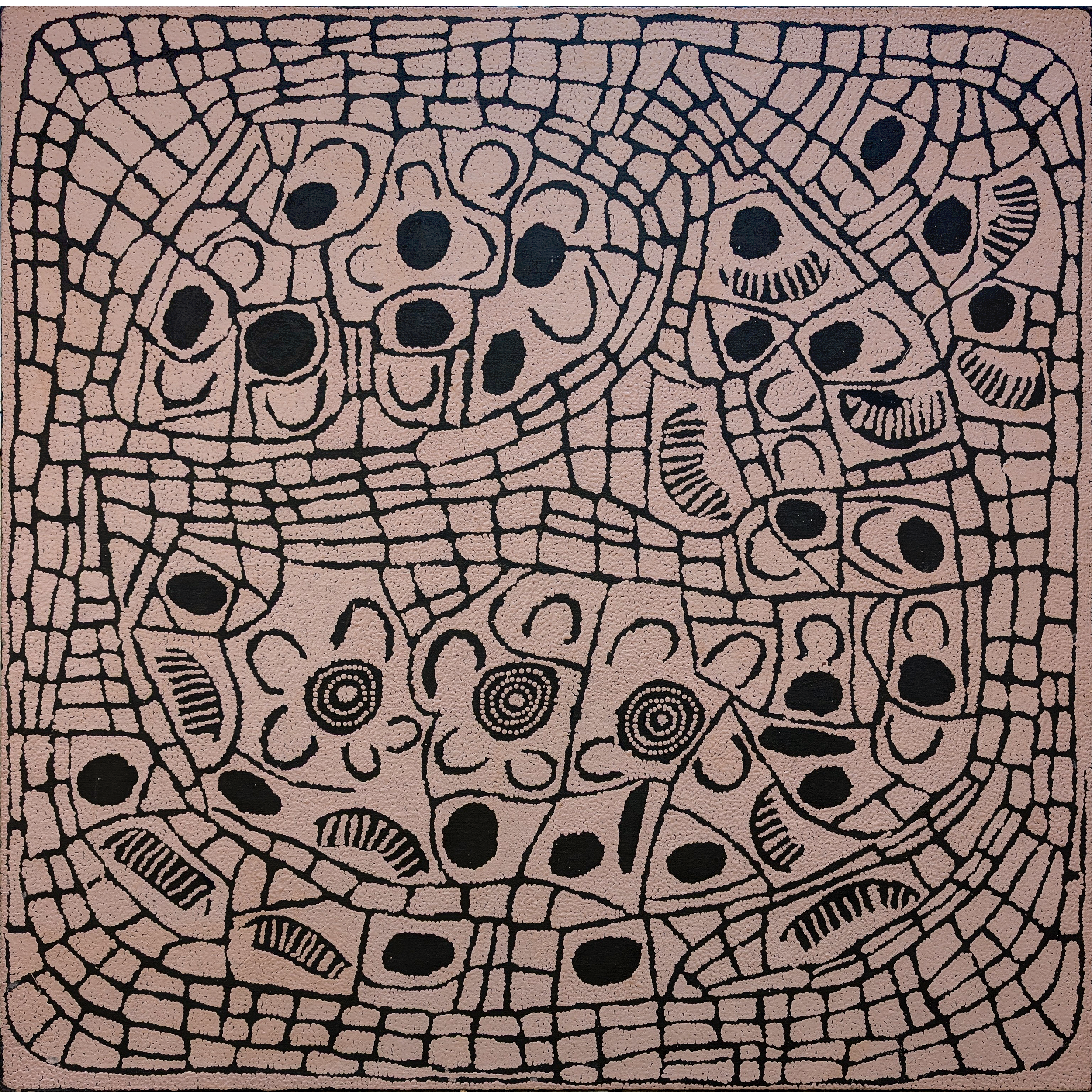 Artist: Ningura Gibson Napurrula | Title: Wirrulnga, East of Kiwirrkura | Year: 1999 | Medium: acrylic on Belgian linen | Dimensions: 121 x 122 cm