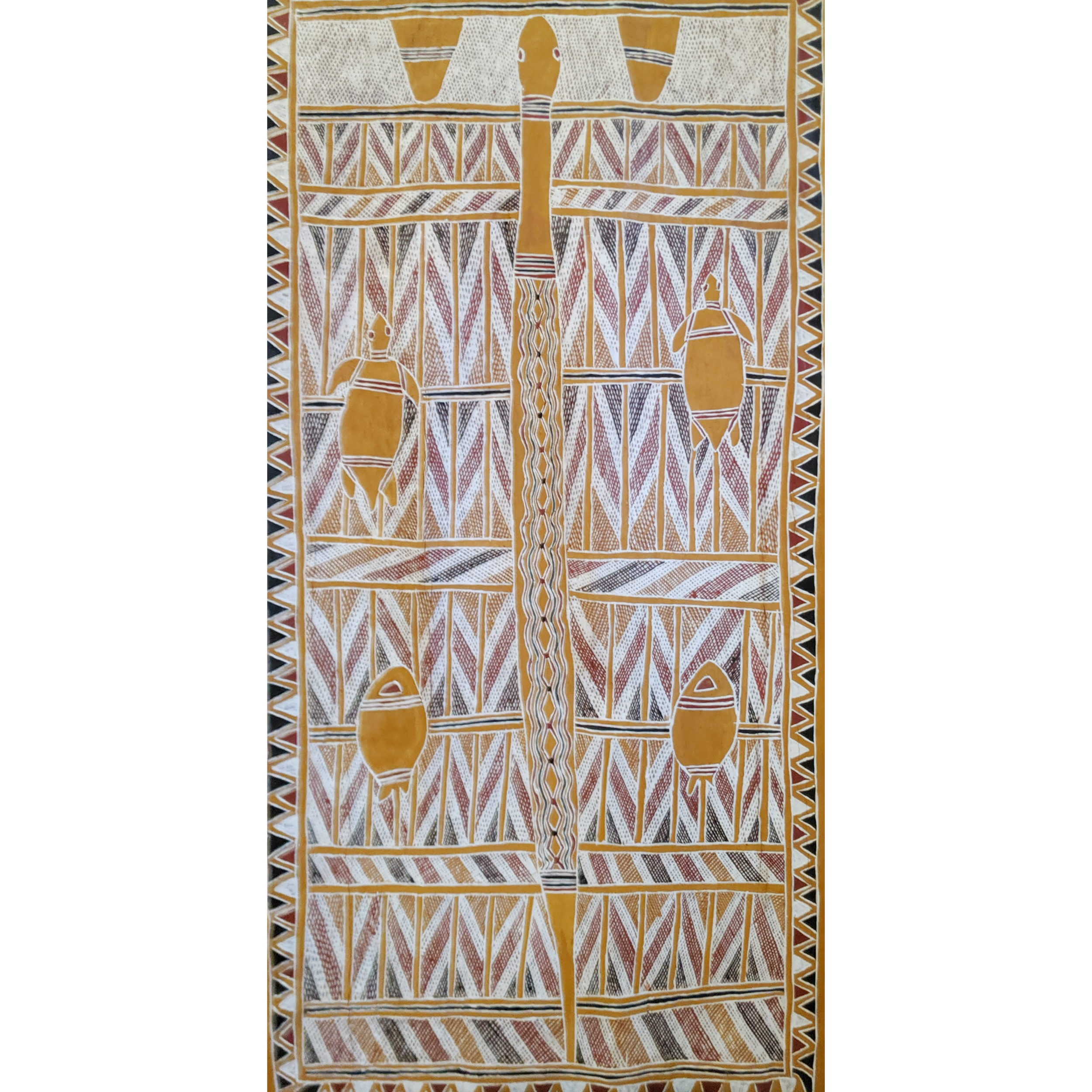 Lot 17
Gallangawuy Dhumungurr
Lightning Snake, 1996
natural earth pigment on stringy bark
122 x 62 cm
Est. A$