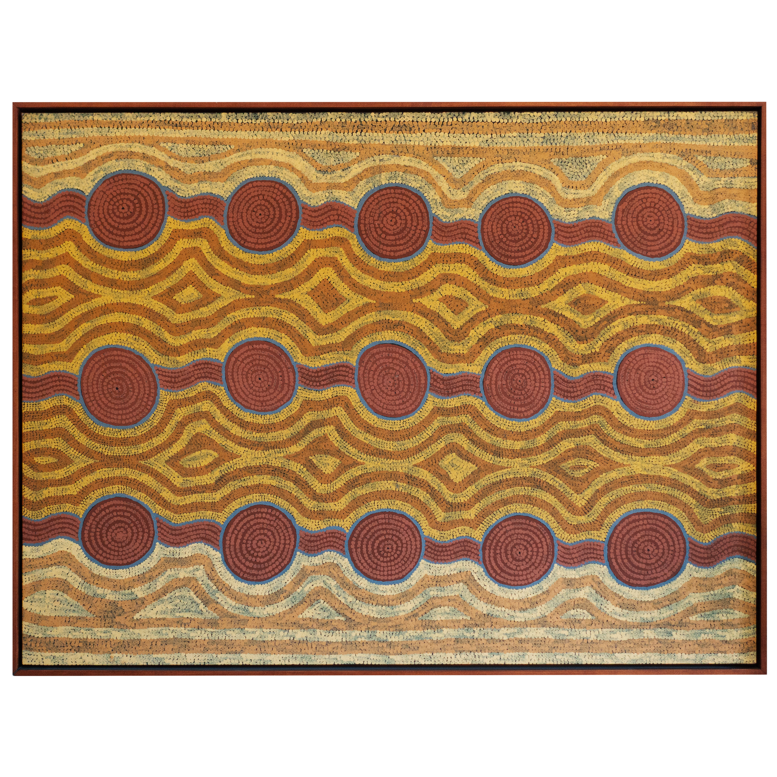 Lot 7
Turkey Tolson Tjupurrula (1942 - 2001)
Two Travelling Women, 1998
synthetic polymer paint on canvas
90 x 135 cm
Est. A$